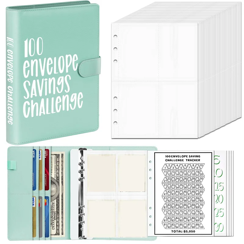

100 Envelope Challenge Binder, Money Saving Challenge Book , Envelopes Money Saving Challenge Budget Binder, Green Durable
