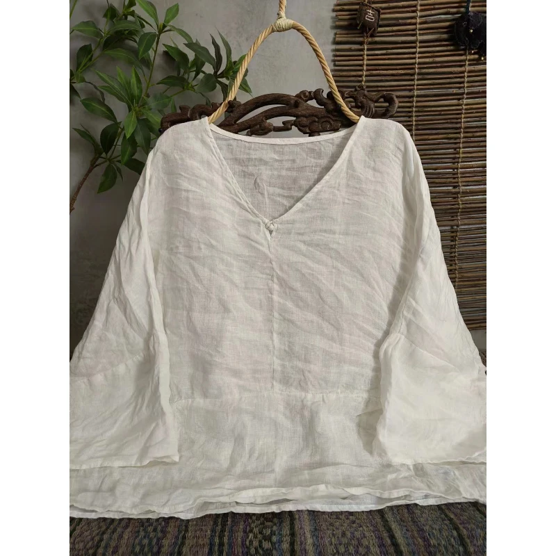 Kobiety Vintage V-Neck Długi rękaw 100% Ramie Wygodne koszulki 2025 Wiosna Nowe koszulki w jednolitym kolorze Luźny wysokiej jakości top na co dzień