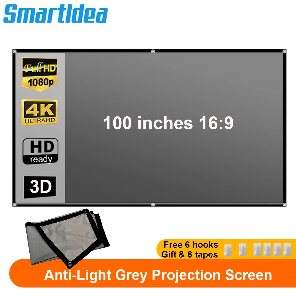Smartldea โปรเจคเตอร์หน้าจอ 100 นิ้ว 16:9 สีเทา Anti-Light แบบพกพาขอบสีดําหลุมบ้านกลางแจ้งหน้าจอโปรเจคเตอร์