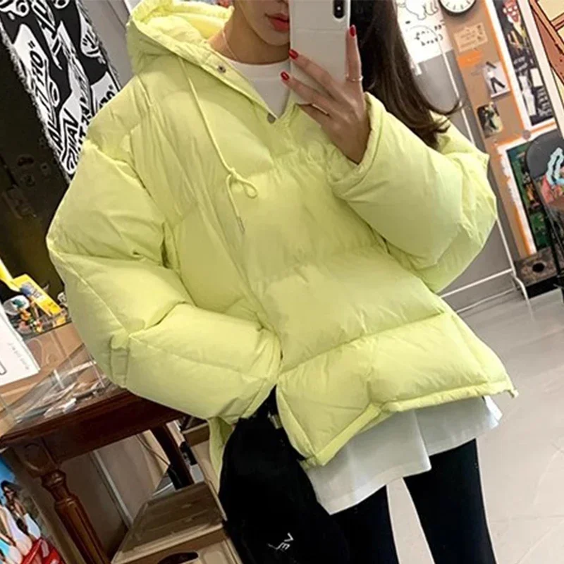 Korean Side Split 2024 Woman Outerwears Hooded Long Sleeve Parkas Winter Jacket Moda Chic Coats Loose Casual Clothes Women