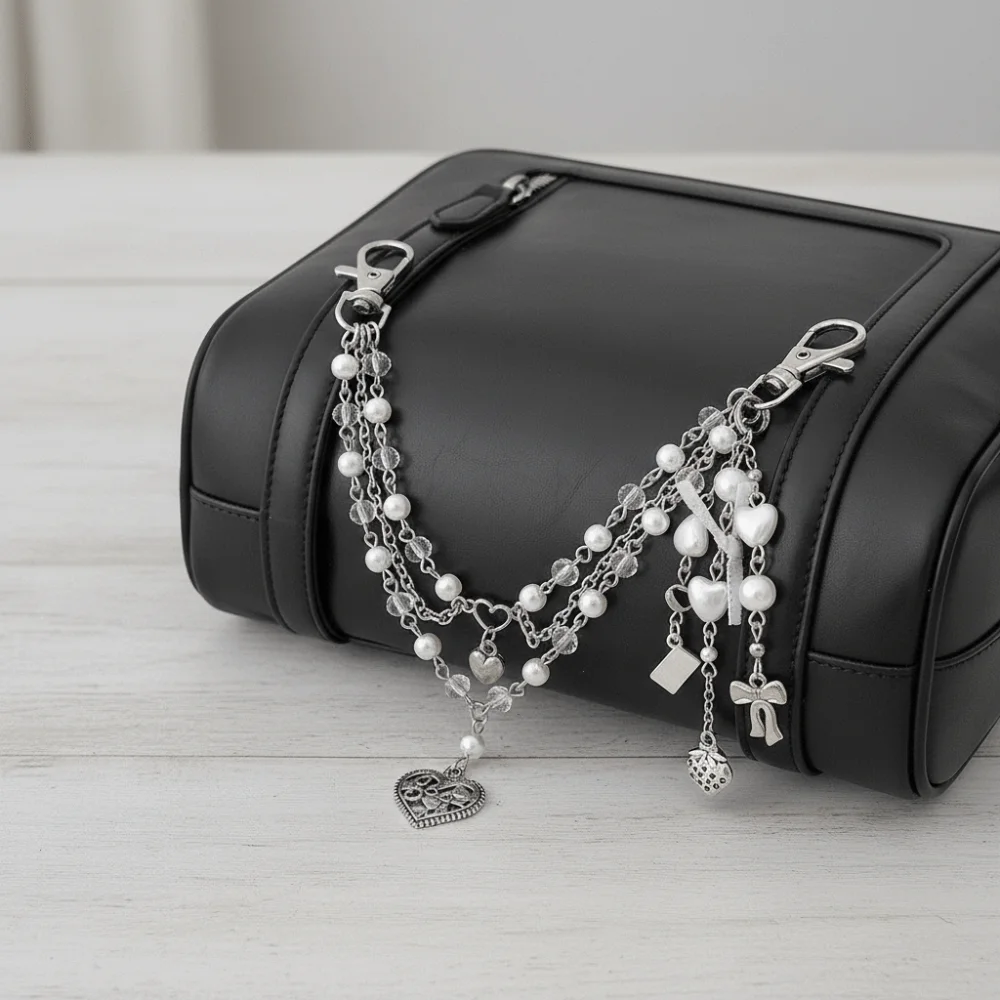 Y2K Style Sweet Imitation Pearl Accessories Heart Multi-layer Design Acrylic Bag Chain Trendy Metal Material Beaded Keychain DIY