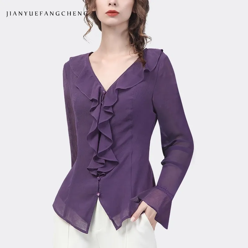 

2025 Fall Women' Lightweight Chiffon Top Long Sleeve V-Neck Ruffles Button-down Shirts Elegant Slim Casual Office Blouses