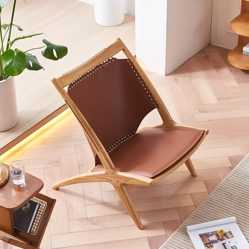 Italian style, minimalist, solid wood leisure chair, living room, saddle leather, sofa chair, modern, simple, recliner
