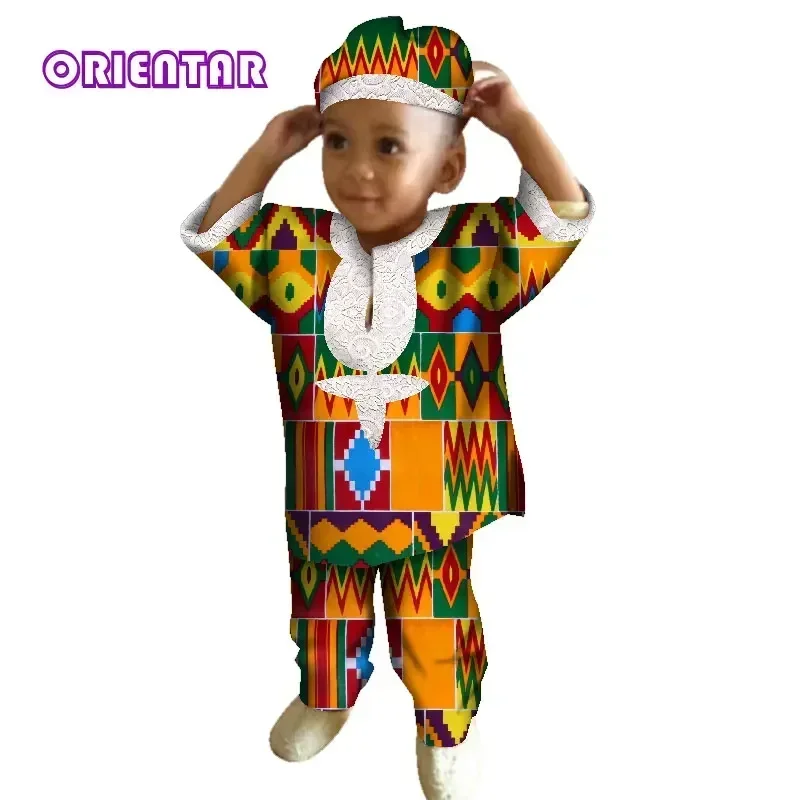 African Clothes for Boy Short Sleeve Shirt Tops and Pants and Hats African Wax Print Children Boy Pants Set Bazin Riche WYT253