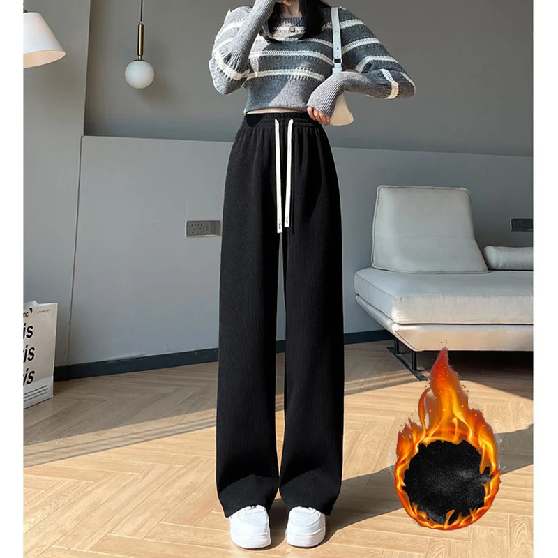 Winter Lady High Waist Fleece Thermal Pants Girls Straight Leg Baggy Fleece Trousers Female Korean Snow Warm Daily Pants