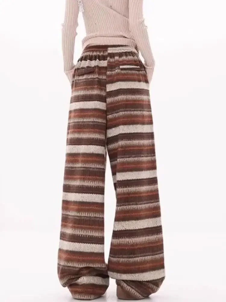 Pantalon épais à rayures Vintage pour femmes, décontracté, mode, jambes larges, cordon de serrage, élastique, taille haute, droit