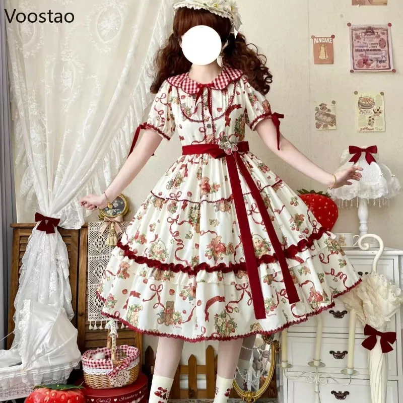 

Victorian Sweet Elegant Lolita Dress Women Kawaii Cute Cartoon Bear Print Ruffles Bow Princess Dress Vintage Evening Party Dress