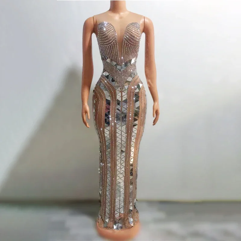Glänzende Strass Kleid Ärmellose Spiegel Abend Party Kleider Frauen Geburtstag Feiern Outfit Drag Queen Kostüme XS5712