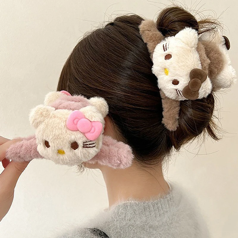 Sanrio Kawaii Plush Hello Kitty Hair Claw Anime Cartoon Women Fashion Two-sided Hair Accessories Ponytail Holder Holiday Gifts