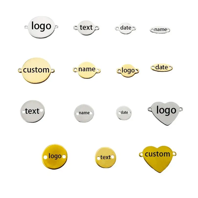 20/50pcs Custom Logo Laser Engraved 2 Holes Round Charms 8mm 10mm 12mm 15mm Stainless Steel Oval Tags Heart Charms Connectors