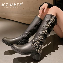 JOZHAMTA Size 34-42 Plush Fur Buckle Women Knee-High Boots Winter Genuine Leather Shoes Woman Retro Zip Lady Western High Boots