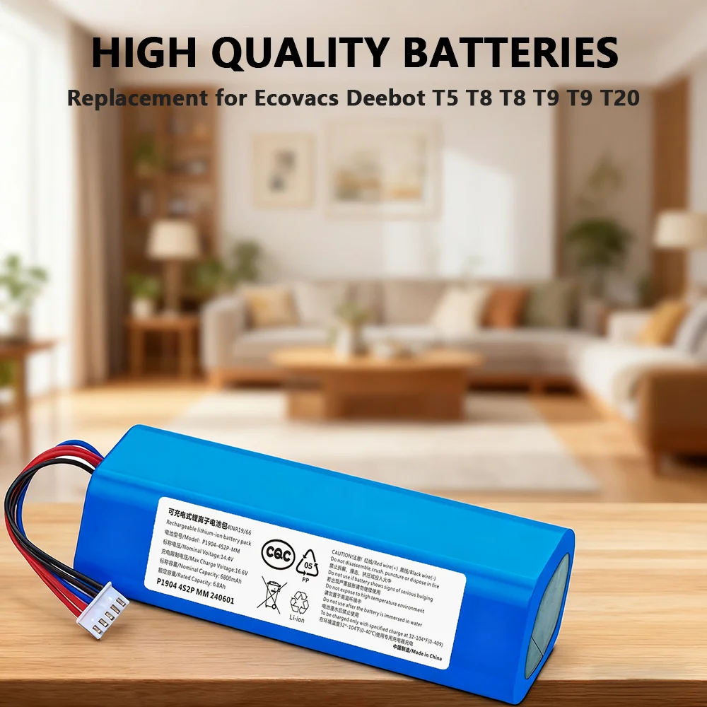 High Capacity 6800mAh 14.8V Battery Replacement for Ecovacs Deebot T5 T8 T9 T20 X1 Omni T10 Turbo DX65