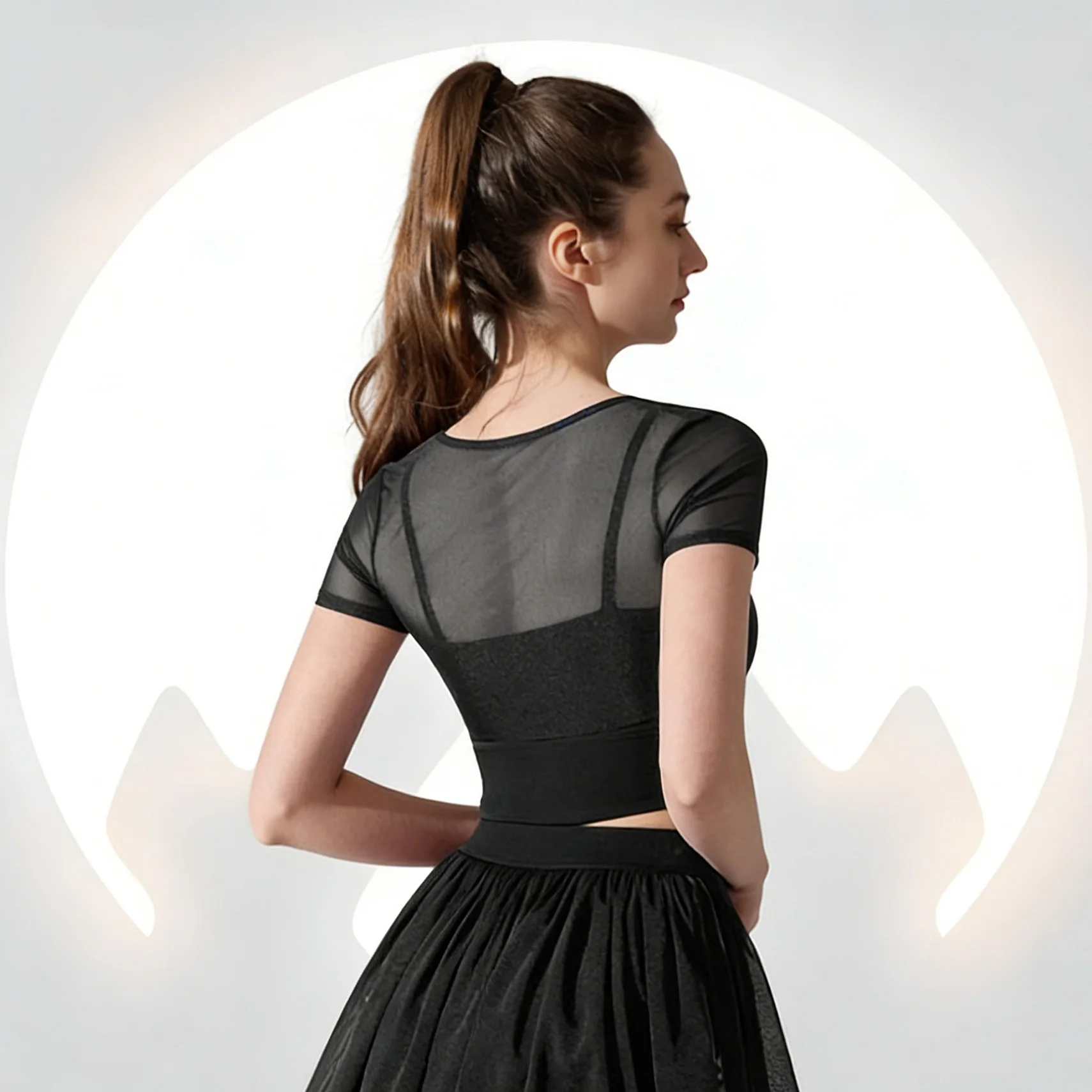 

Mesh Sport Bra Fake Two-Piece with Fixed Pads Short Sleeve Top Stretchy Fitness Wear Running Workout Yoga Activewear for Women