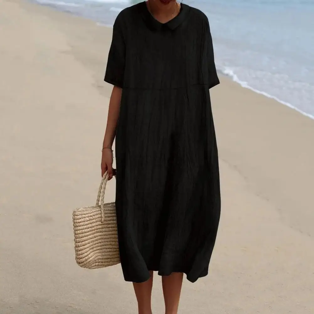 

Lightweight Fabric Dress Stylish Women's Lapel Midi Dress for Daily Wear Short Sleeves Loose Fit Solid Color for Summer Autumn