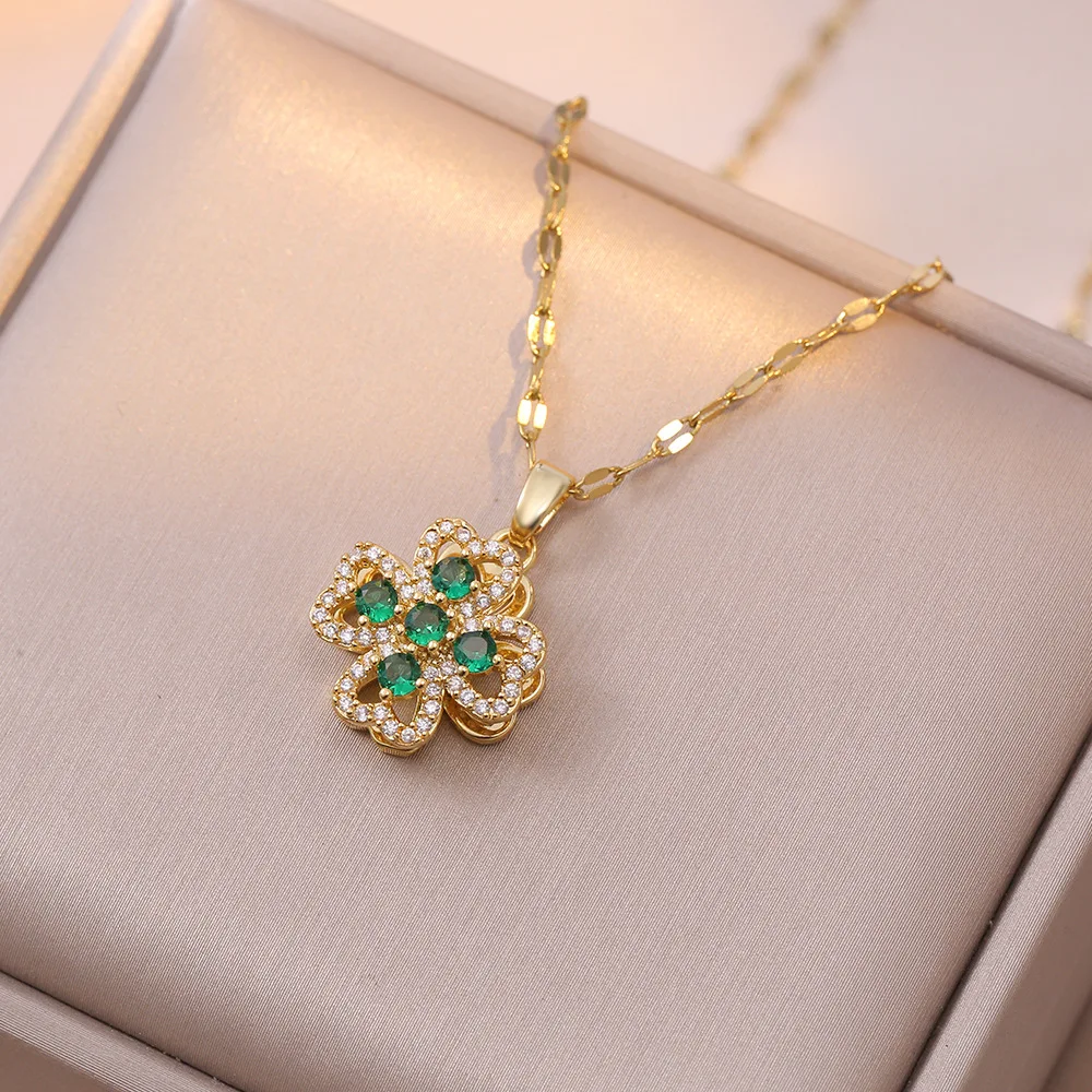 New Korea Zircon Four Leaf Heart Flower Pendant for Women Charm Stainless Steel Crystal Necklace Bracelet Ring Bride Jewelry Set