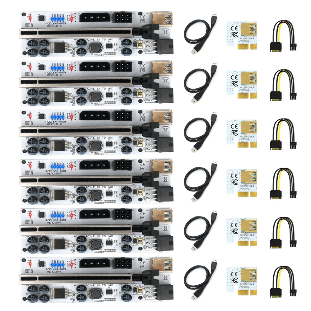 Piezas PCIE Riser para tarjeta de Video, Cable USB 3,0, adaptador de tarjeta elevadora PCI-E para minería, PCI Express X16, VER010X, 010, 010X, GPU, 6 uds.