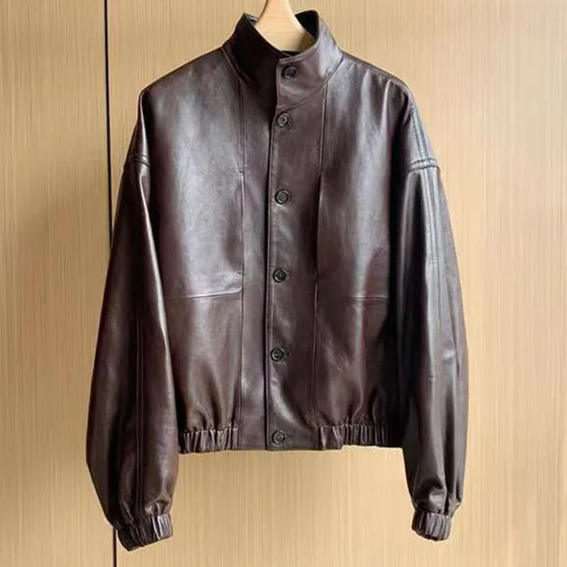 Veste en cuir minimaliste pour femmes, manteau moderne en peau de mouton véritable, col montant, Silhouette courte, haut d'hiver