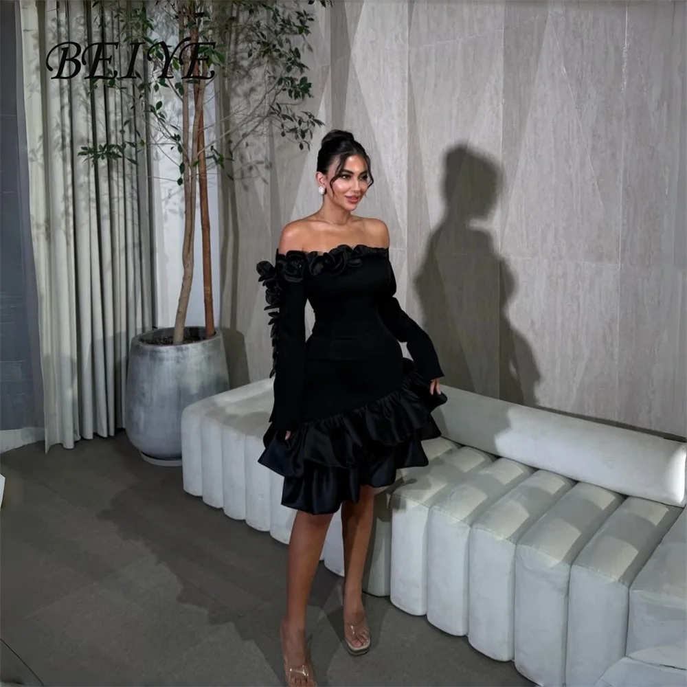 

BEIYE Modern Black Satin Flowers Long Sleeves Short Evening Dress Off The Shoulder Party Gown Customized فساتين سهرات