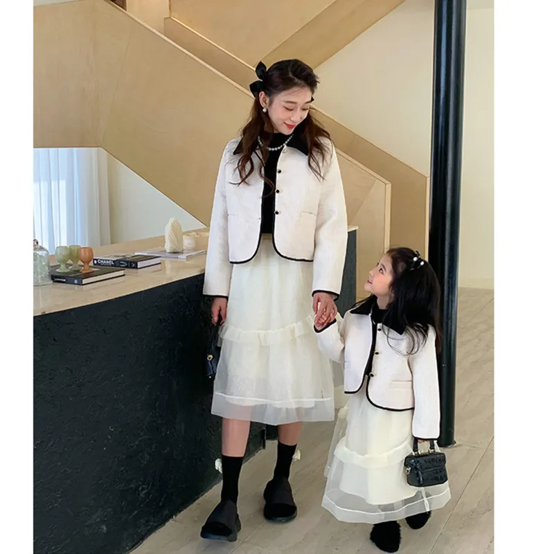 Mommy And Me 2pcs Set Mother & Daughter Family Matching Mesh Tutu Skirt Women Girl Coat Clothes Sets Parent-Child Autumn Outfits