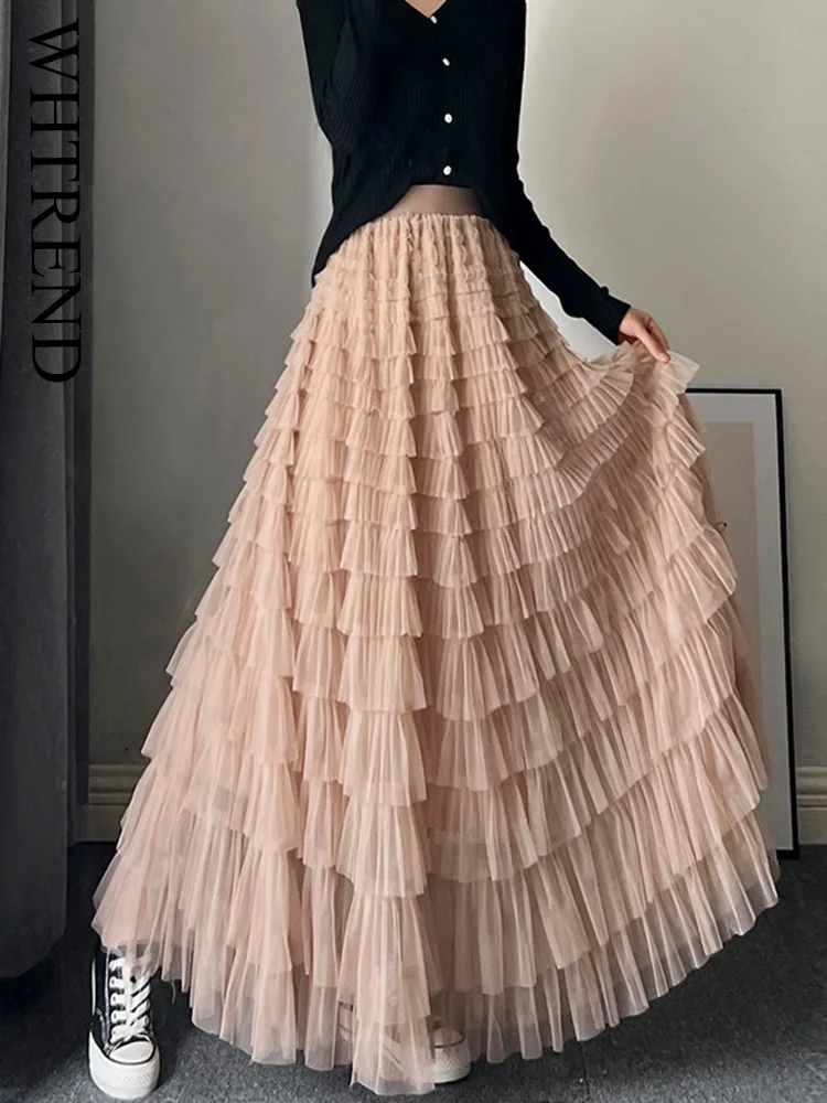 

WHTREND Mesh Ruffle Hem Midi Skirt For Women Elastic Waist Fashion Long Cake Skirts Party Wedding Clothes Autumn WH1464