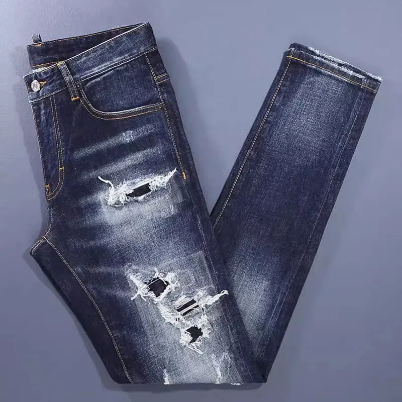 Men Dark‑Blue Tiger Stripe Washed Multi Raw‑Edge Ripped Distressed Stretch Skinny Denim Jeans Hip‑Hop Streetwear Denim Jeans y2k