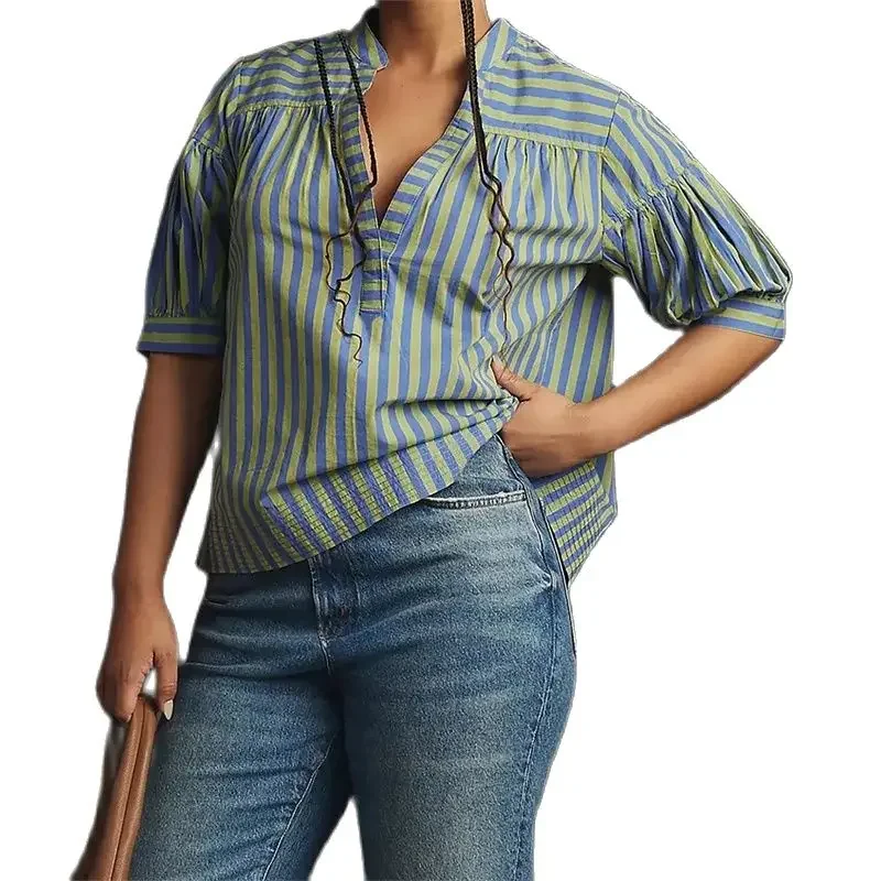 Fashion Stripe Colour Blocking Loose Shirt Women Deep V Neck Pullover Blouse Summer Pleated Bubble Short Sleeve Female Tops 2024