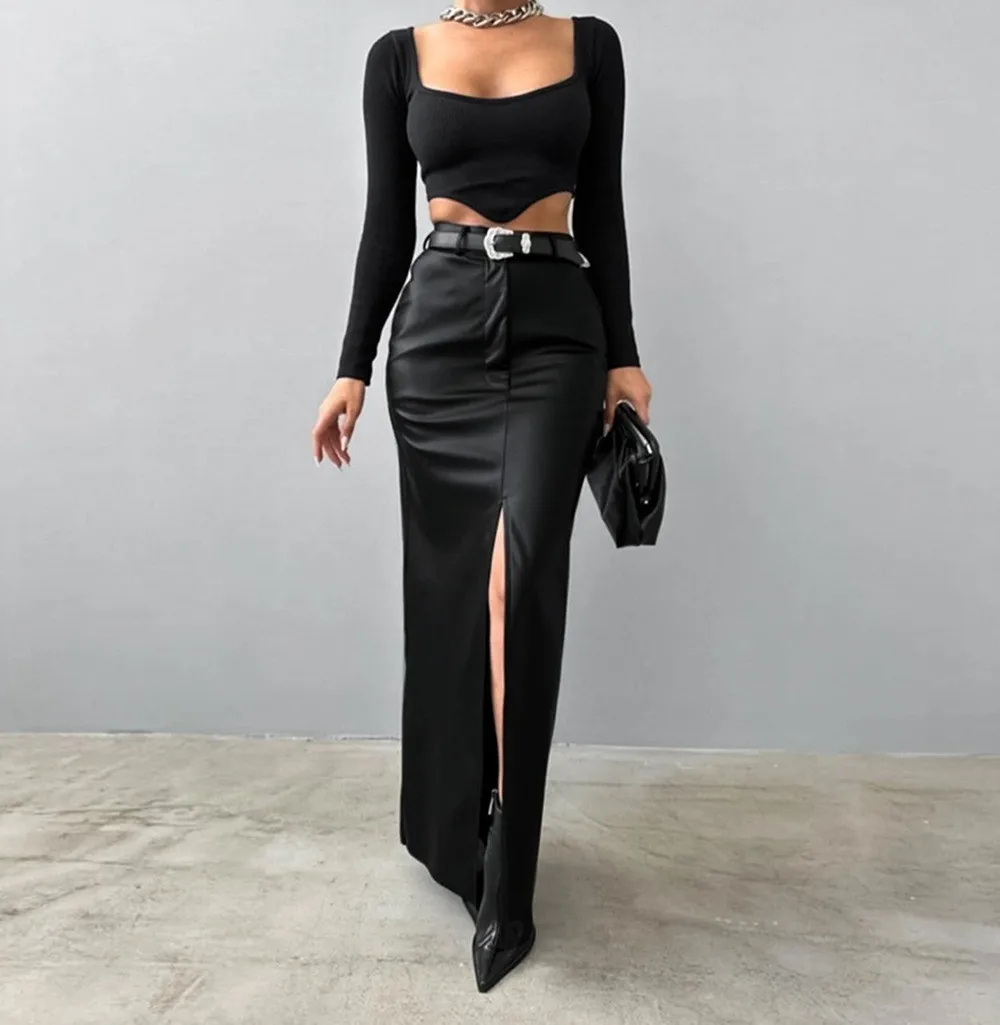 

SKMY Autumn 2026 New Temperament Fashion PU Leather Solid Color Splicing High Waist Split Slim Fit Long Skirts Women Clothing