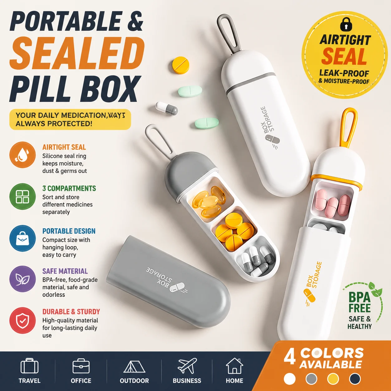 Portable small pill box, one day light proof pill storage box, mini sized portable medicine pill compartment packaging box