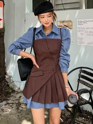 New Spring Autumn Sweet Chic 2 Piece Outfit Women Mujer Casual Shirt Dress And Sexy Strap Slim Asymmetrical Dress Slim Short Set