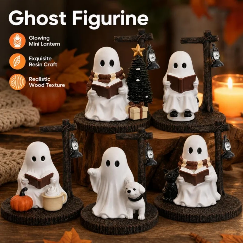 Cute Ghost Reading Lantern Resin Halloween Cozy Ghost Story Lantern Figurine Mini LED Night Decorations for Desk Book Nook