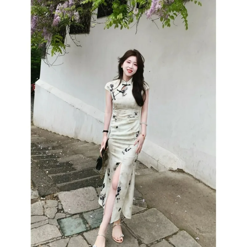 Young Girl Modified Cheongsam Summer New Style Retro Style Elegant High-end Long Small Dress Fashion Individual Women's Clothing