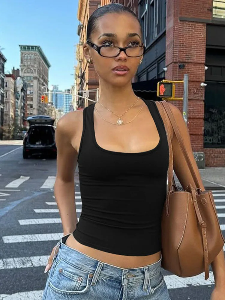 Damski kwadratowy dekolt bez rękawów Bodycon Crop Tank Top Sexy Elegant Solid Y2K Party Clubwear Summer Outfit Wholesale