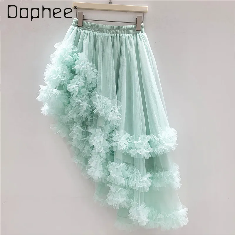 Retro Green Mesh Fluffy Irregular Skirt Women's Summer High-end Temperament Waist Black Skirt Midi Skirt Kawaii Skirts
