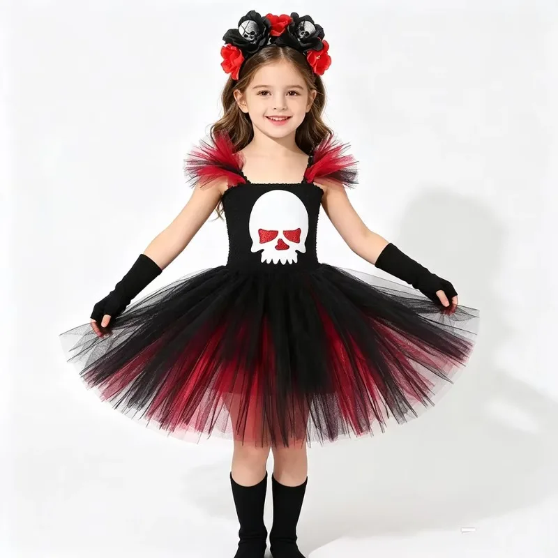 Halloween Skull Costumes for Girls Carnival Party Fancy Dress Kids Scary Ghost Outfit Children Horror Tutus with Flower Headband