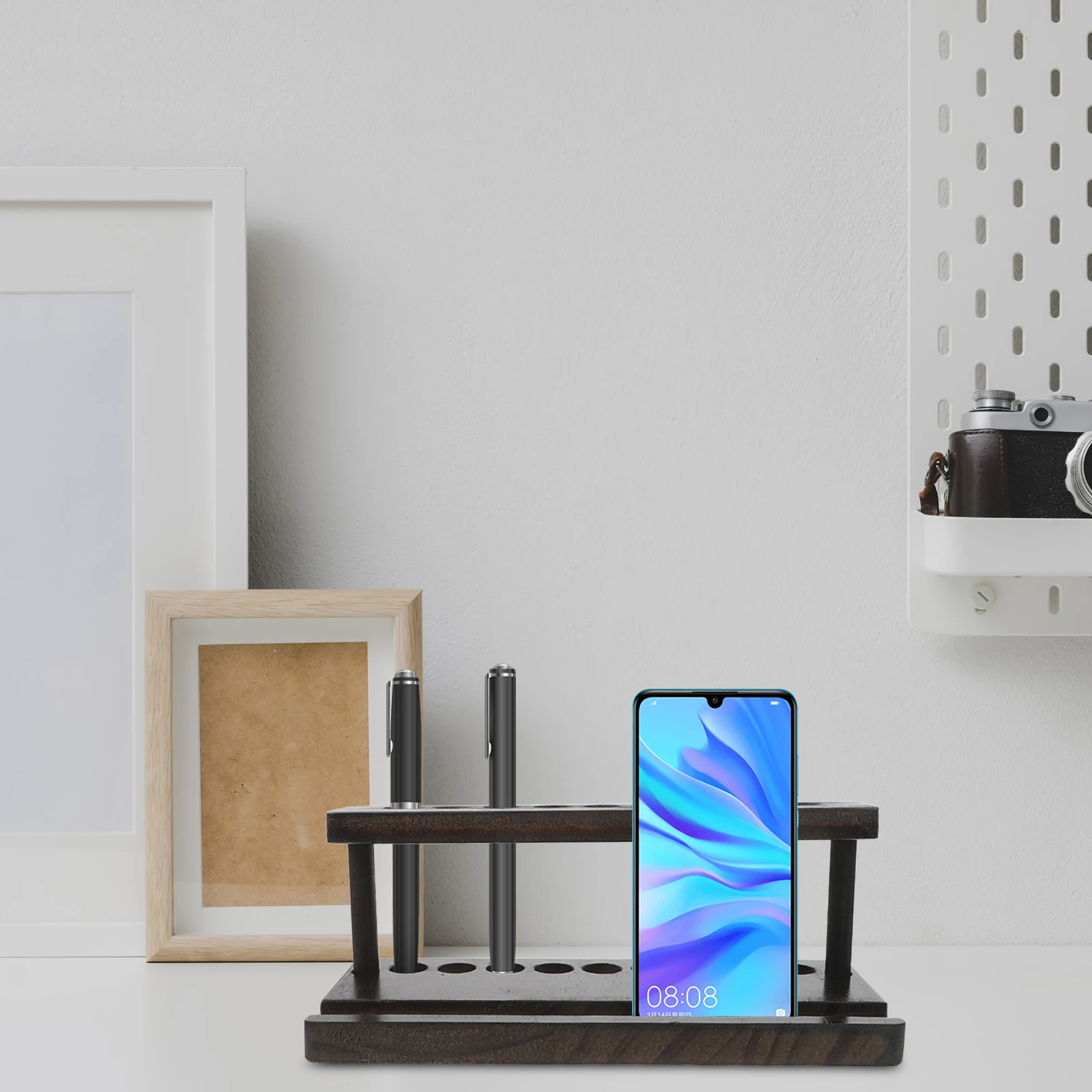 

Wooden Pen Holder with Phone Stand Large Capacity Desk Organizer Solid Wood DIY Craft Retro Style Office Use