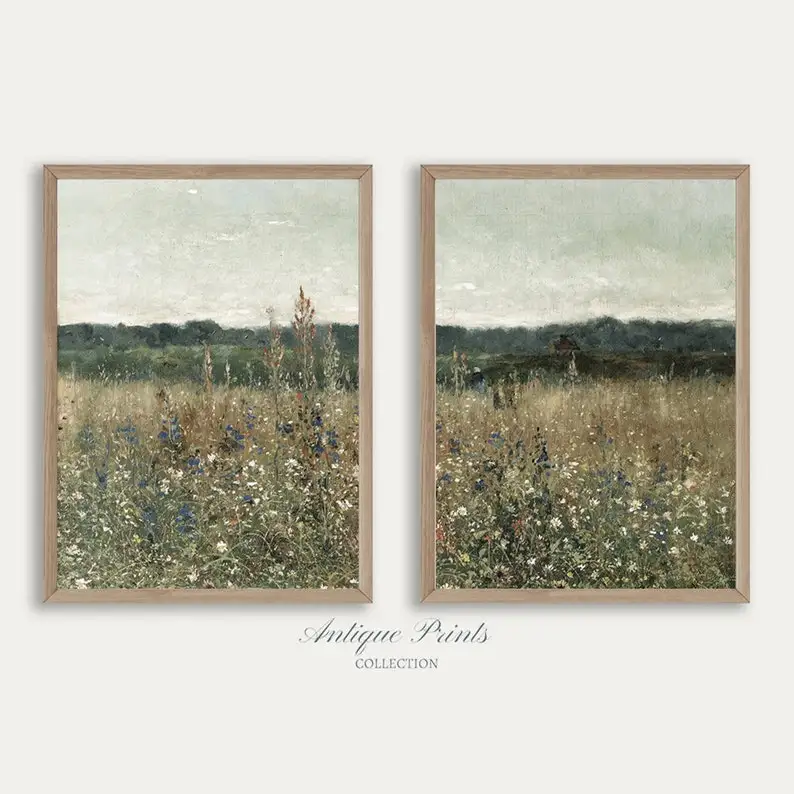 Wildflower Field Prints, Country Vintage Wall Art, Landscape Painting, Neutral Split Print, Farmhouse Decor  Posters