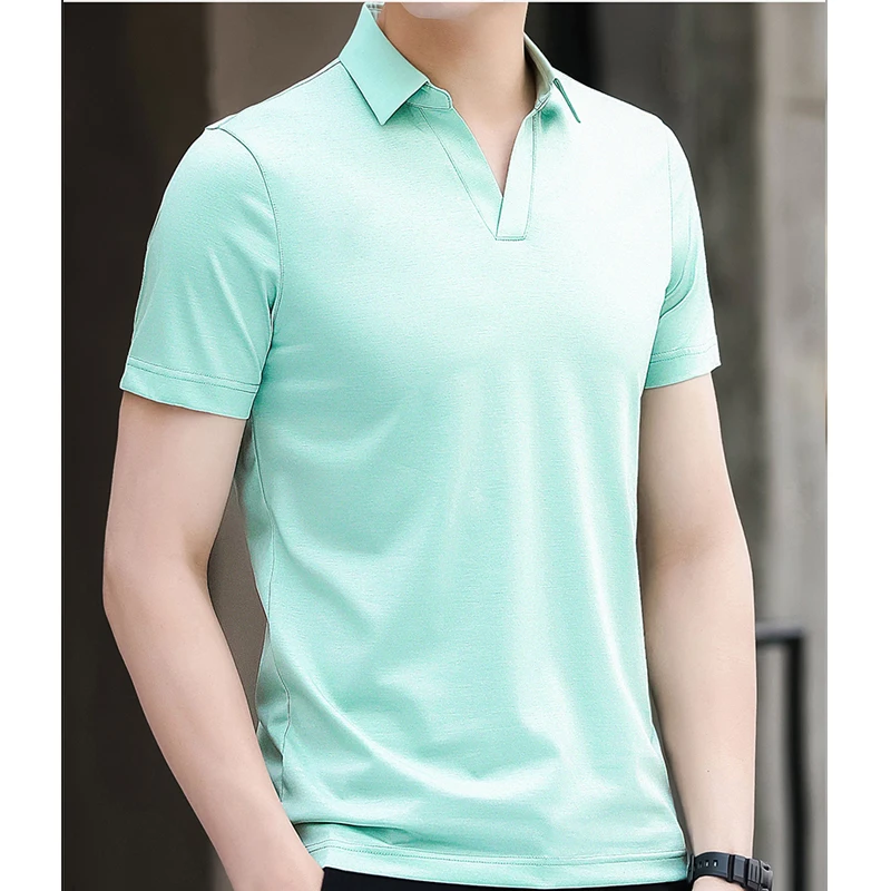 Mulberry Silk Collar Short-sleeved T-shirt Men's Ice Mercerized Cotton Silk V-neck Polo Shirt Tide Brand Half-sleeve Comfortable