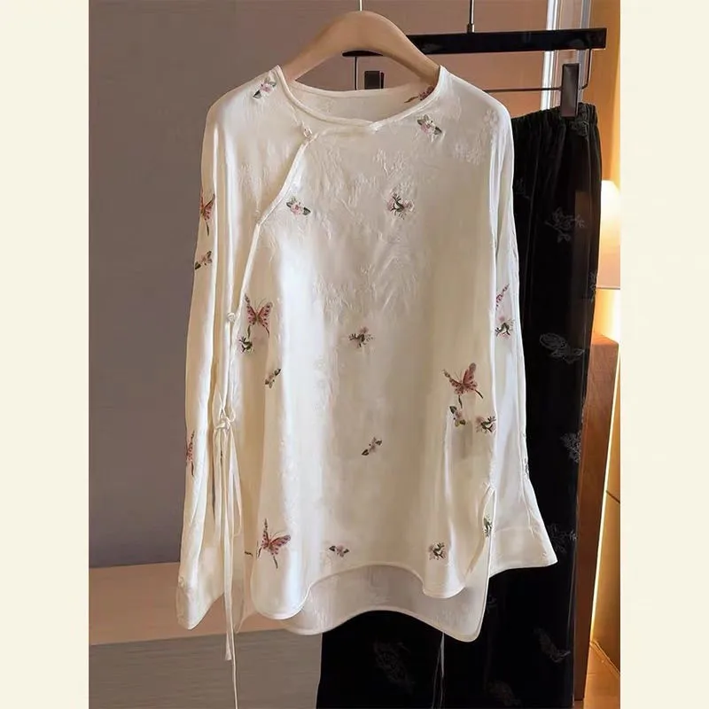 2025 New Spring Long Sleeve Jacquard Blouse Women O Neck Cardigans Chinese Style White Soft Shirts Thin Loose Female Tops 3
