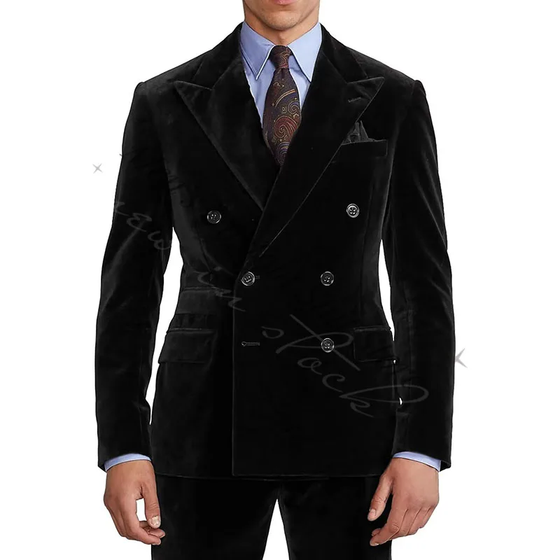 

Velvet Black Men's 2 Pieces Suits Autumn Winter Slim Fit Double Breasted Formal Wedding Tuxedos Prom Dinner Party Blazer Pants