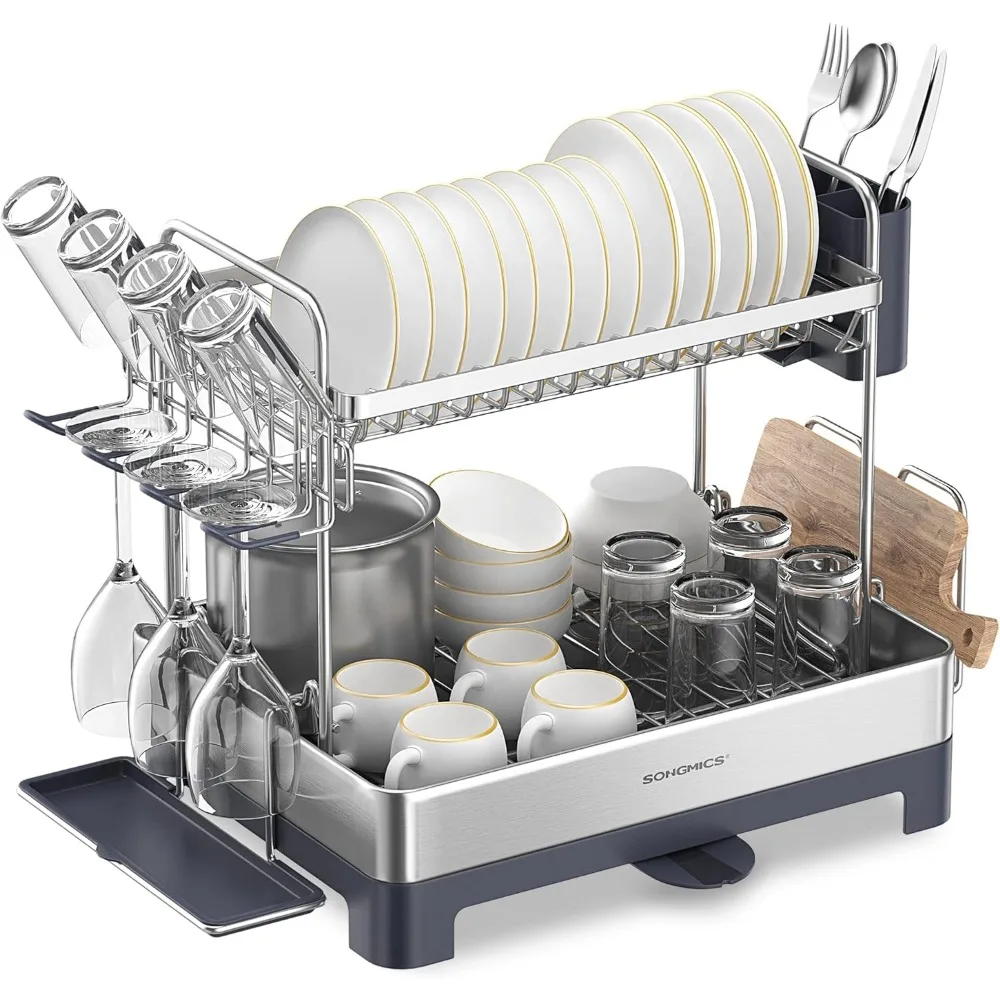 

SONGMICS Dish Drying Rack - 2 Tier Dish Rack for Kitchen Counter with Rotatable and Extendable Drain Spout, Dish Drainer with