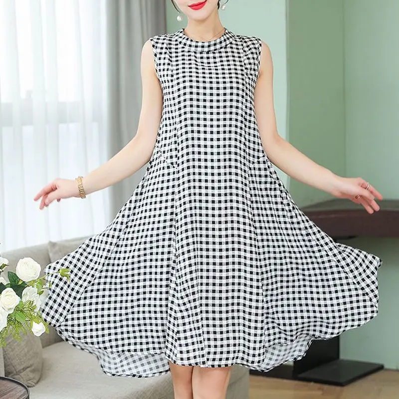 Casual Loose Round Neck Midi Dress Summer Vintage Printed Female Clothing Sleeveless A-Line Fashion Asymmetrical Spliced Dresses