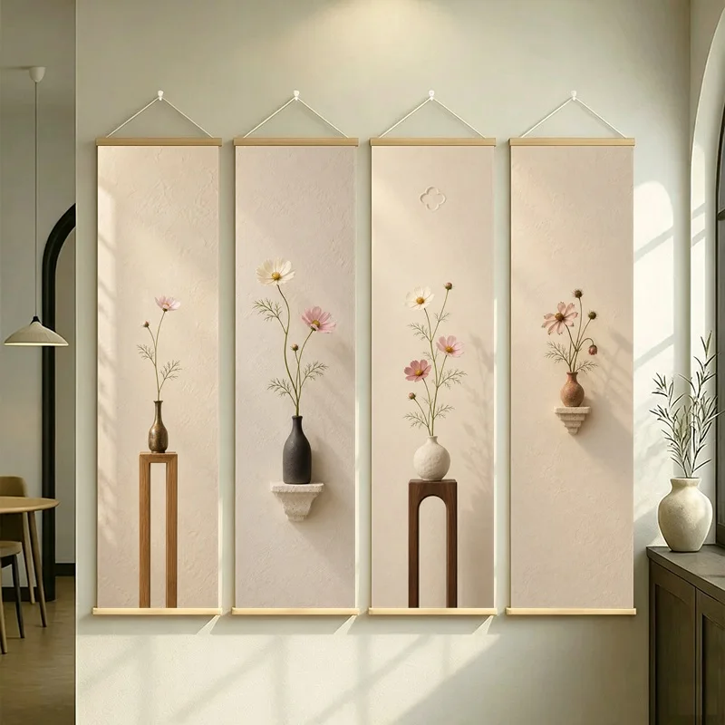 Cosmos Wall Art 4-Panel Pink Flower Vase Hanging Scroll Set on Cream Silver Shimmer Canvas for Airy Bedroom Home Decor