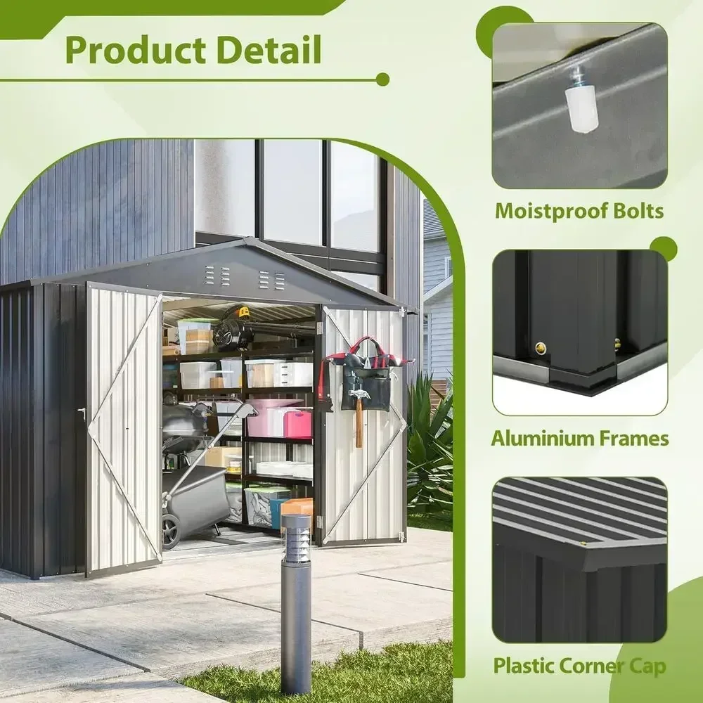 10x8 Outdoor Storage Shed with Floor, Ventilated Metal Garden Shed, Sloping Roof, Lockable Door, All-Weather Bike Storage for Ba