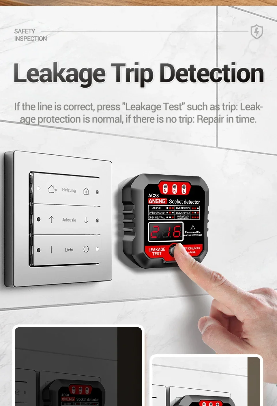 ANENG AC28 Digitaler Steckdosen-Leistungstester, Leistungsschalter-Finder, EU/US-Stecker, 250 V, 50 Hz/60 Hz, Steckdosen-Polaritätsdetektor, Spannungsprüfer – Detail 5