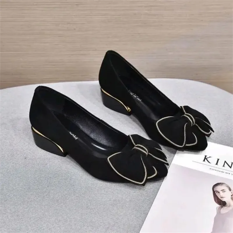 Flat Shoes Women Soft Leather Thick Heel Shoes For Women Shallow Cut Scrub Soft Noodles Summer Shoe Bow Mid Heel Leather Shoes