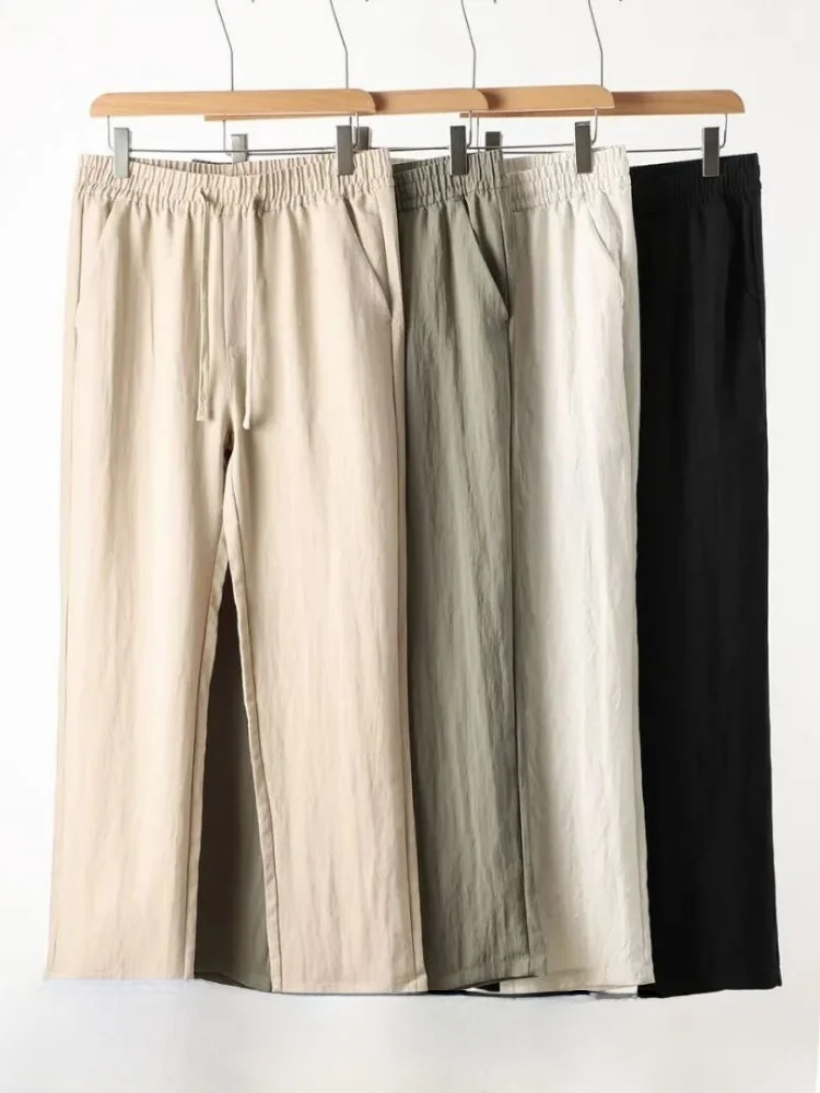 Italian Minimalist Style Mixed Flax Linen Men's High Drape Summer Casual Pants Breathable Moisture Wicking Straight Leg Trousers