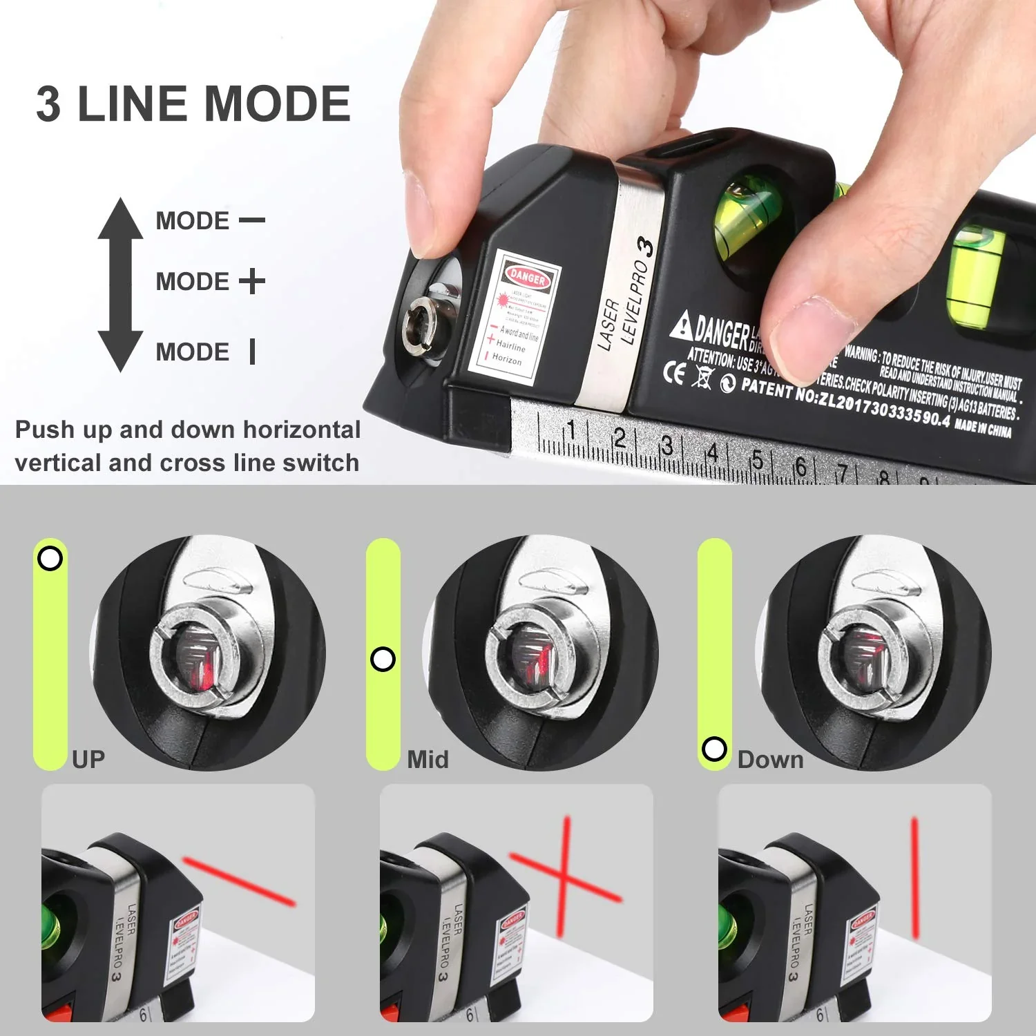 Laser Level Line Tool Ruler Tape Multifunction 4 in1 Vertical Horizontal Infrared Cross Line Laser Level Tape Measuring Tool