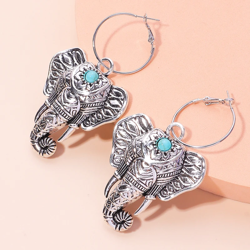 Aihua Vintage Bohemia Big Elephant Dangle Earrings for Women Personality Circle Hoop Earring Jewelry Accessories