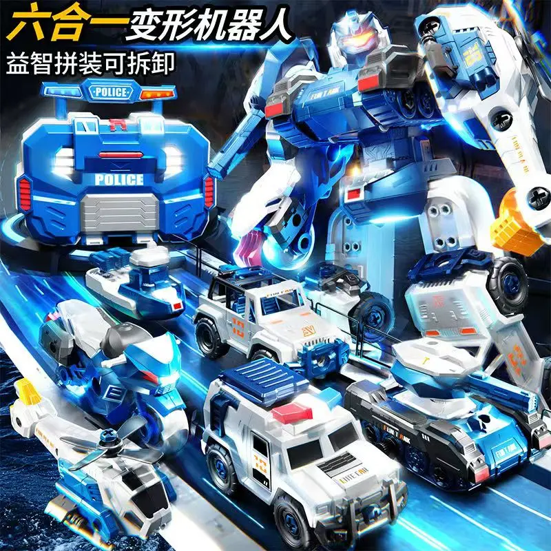 DIY ถอดและประกอบของเล่นรถตํารวจพิเศษ การเปลี่ยนแปลงของทะเล ดิน และอากาศ หุ่นยนต์ประกอบหกในหนึ่งเดียว scr
