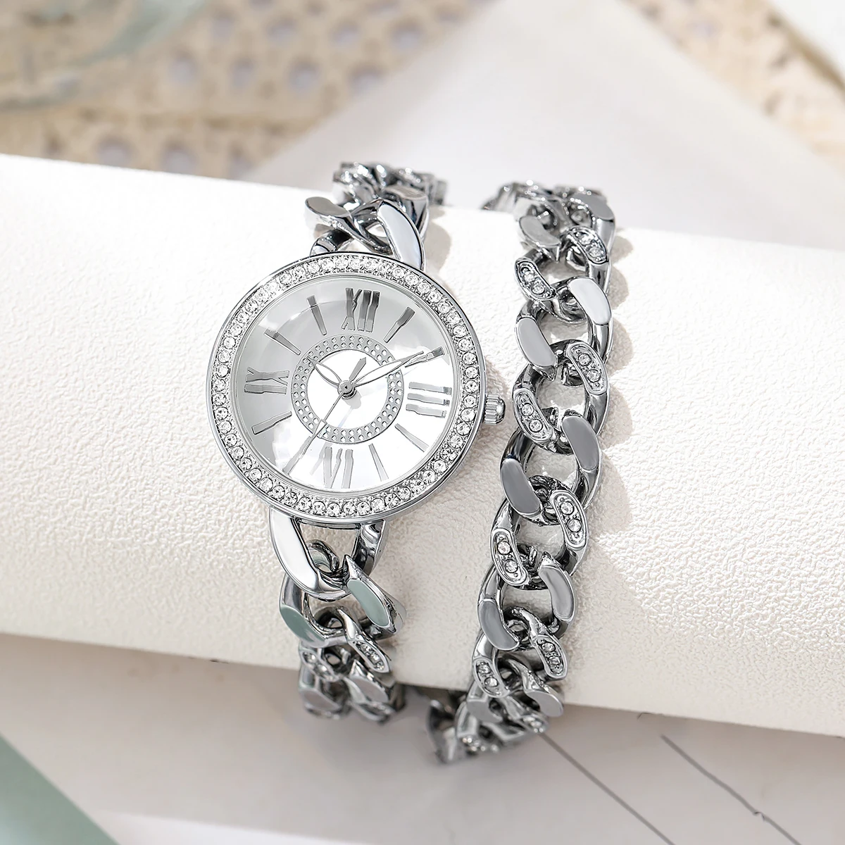 

Luxury Silver Double Layer Cuban Link Women's Watch, Diamond Bezel, Roman Numeral Dial, Bling Quartz Wristwatch for Ladies, Perf
